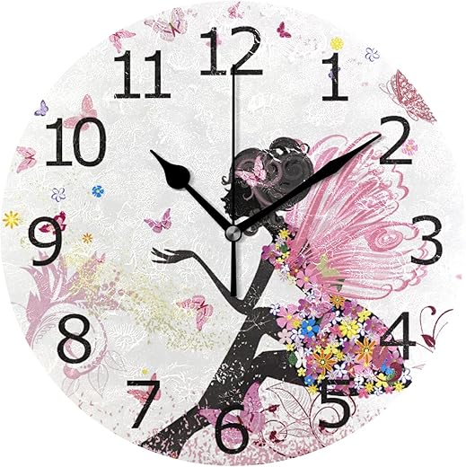 ALAZA Non-Ticking Silent Round Wall Clock, Flower Fairy in The Environment of Butterflies Decorative Clock Home Art for Meeting Room RV Healing Center