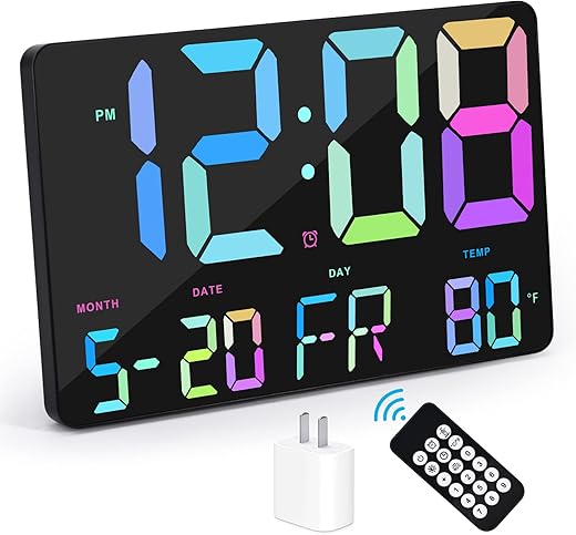 Amgico Digital Alarm Clock with Snooze, Temperature, Auto Dimming, 11.5 Large Display Calendar, Desk/Wall Clock for Bedroom, Living Room, Office, Home, Classroom, Kids, Elderly - Rainbow