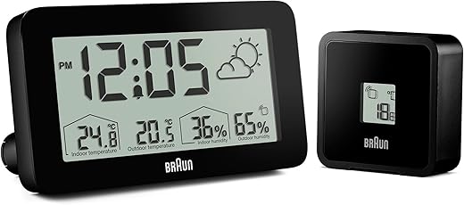 Braun Digital Weather Station Clock with Indoor and Outdoor Temperature and Humidity, Forecast, LCD Display, Quick-Set, Crescendo beep Alarm in Black, Model BC13BP.