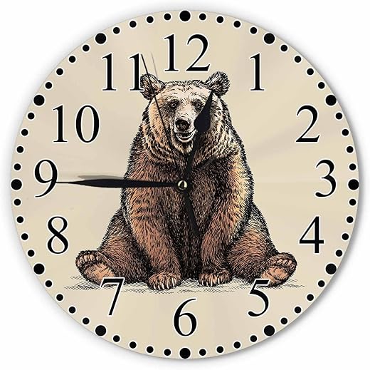 Brown Fun Bear Wall Clock Wild Maccasin Bear Clock 10 Inch Silent Non-Ticking Clocks Battery Operated for Home Living Laundry Room Kitchen Bedroom Office