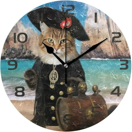 Coolnut Wall Clock Pirate Captain Cat 10 Inch Silent Non Ticking Quality Quartz Battery Operated Digital Round Easy to Read for Home Office Kitchen Home Decor