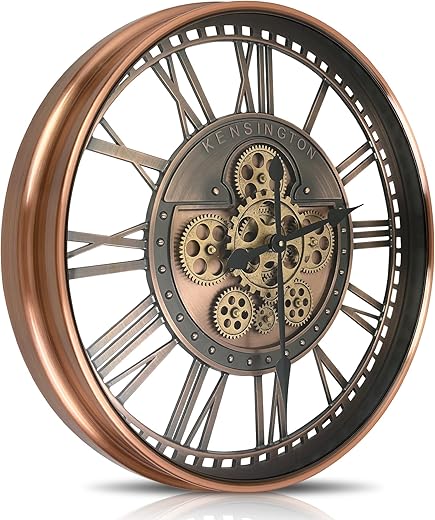 DORBOKER Real Moving Gears Wall Clock Large Modern Metal Clocks for Living Room Decor, Industrial Steampunk Unique Vintage Rustic Decorative Clock for Home Farmhouse Office, 21 Inch,Red Copper Roman