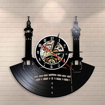 Famous City Mecca Wall Sign Vinyl Record Wall Clock Islamic Vintage Wall Clock Kaba Muslim Architecture Home Decor Clock Gift