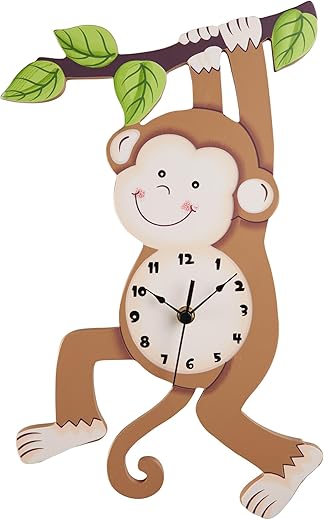 Fantasy Fields Sunny Safari Nursery Clock, Decorative Silent Non-Ticking Kids Wall Clock for Classrooms, Kids Bedrooms, & Playrooms, Monkey Wall Decor, Brown