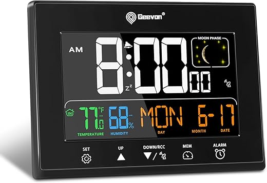 Geevon Digital Atomic Alarm Clock with 2 USB Ports, HD Color Display Atomic Clocks for Bedrooms with Indoor Temperature and Humidity, Moon Phases, Time, and Calendar for Home Office