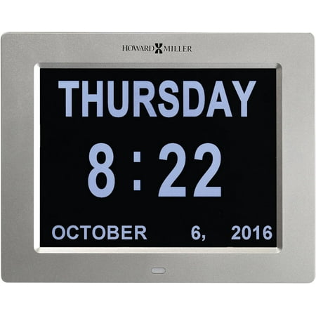 Howard Miller Memory Wall Clock 625-632 – Satin Silver Case, LED-Backlit Display, 12/24 Hour Time Display, Multi-Lingual, Modern Home Decor, AC Powered