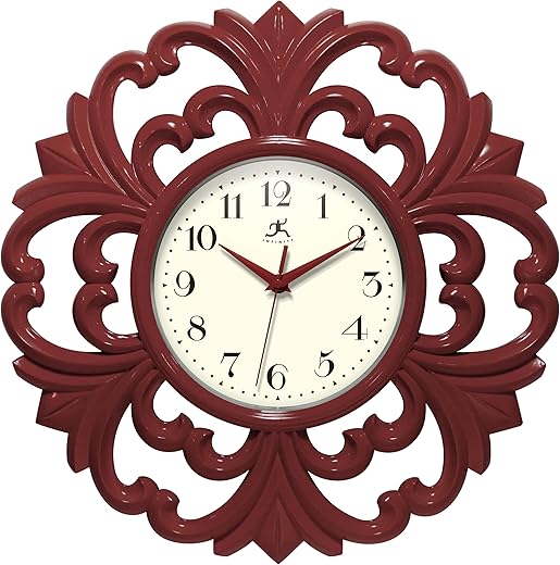 Infinity Instruments Wisteria 15.5 Inch Wall Clock, Indoor Use, Quartz Movement, Battery Operated, Silent Movement - Red