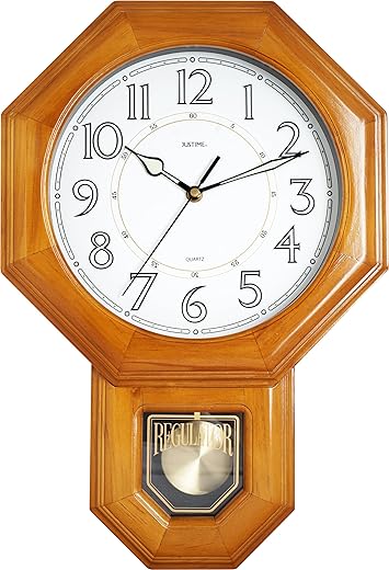 JUSTIME Traditional Luminous Schoolhouse Solid Wood Pendulum Wall Clock Chimes Hourly with Westminster Melody Chime Made in Taiwan (Natural Wood w/Westminster Chime)