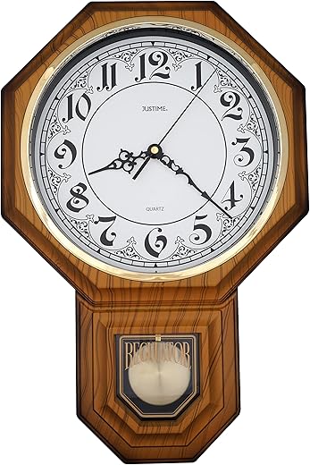 JUSTIME Traditional Schoolhouse Vintage Arabic Pendulum Wall Clock Chimes Hourly with Westminster Melody (Light Wood Grain AV-LW)