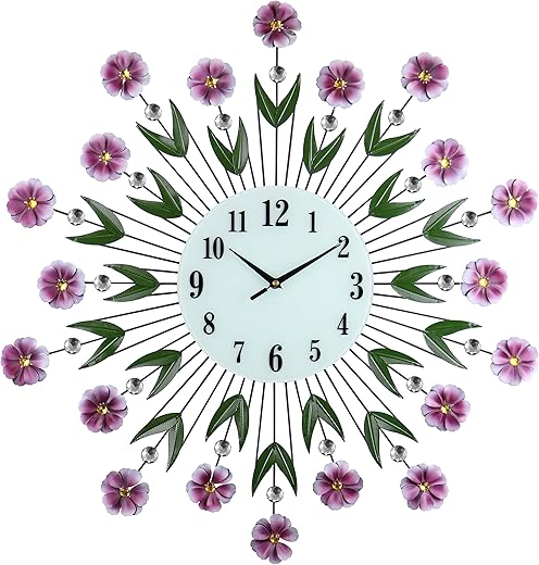 Large Purple Flower Wall Clock with Crystal Accents