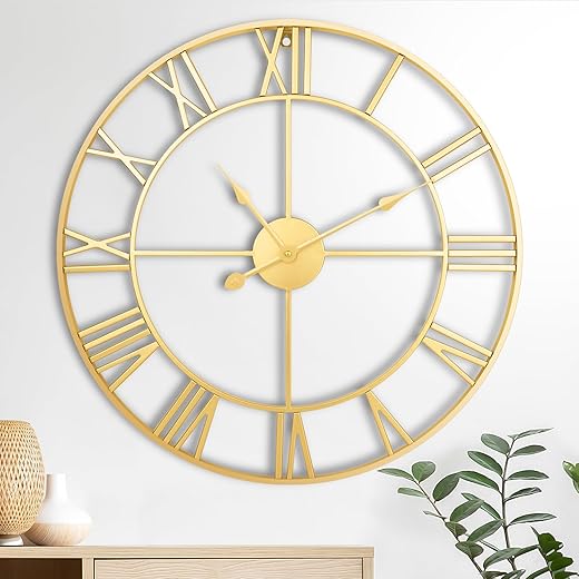 Large Wall Clock, 24-Inch(60CM) Roman Numeral Decorative Art Wall Clock,Completely Silent, Non Ticking, Battery-Operated Metal Wall Clock for Living Room, Bedroom and Kitchen-Gold