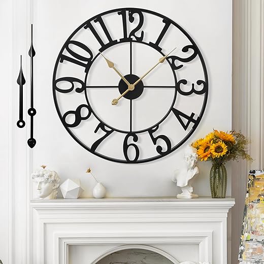 Large Wall Clock for Living Room Decor - 60cm/ 24 Inches Silent Non-Ticking Metal Wall Clocks Battery Operated, Vintage Decorative Modern Wall Clock for Bedroom, Office, Farmhouse Decor