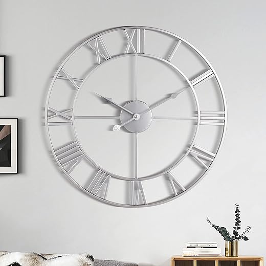 Large Wall Clock, Metal Retro Roman Numeral Clock, Modern Round Wall Clocks Almost Silent, Easy to Read for Living Room/Home/Kitchen/Bedroom/Office/School Decor (Silver, 18 Inch)