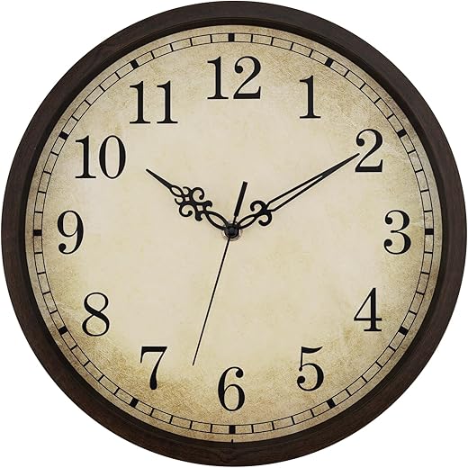 Lumuasky Vintage Brown Wall Clock 12 Inch Silent Non Ticking Quality Quartz Battery Operated Round Decorative Easy to Read for Home Kitchen Living Dining Room Bedroom Office Classroom School