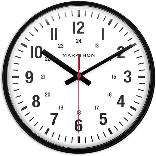 MARATHON 10” Analog Clock, Black - Silent, Continuous-Sweep Second Hand - Easy-to-Read Dial - 12 & 24-Hour Markers - Integrated Keyholes for Easy Wall Mounting