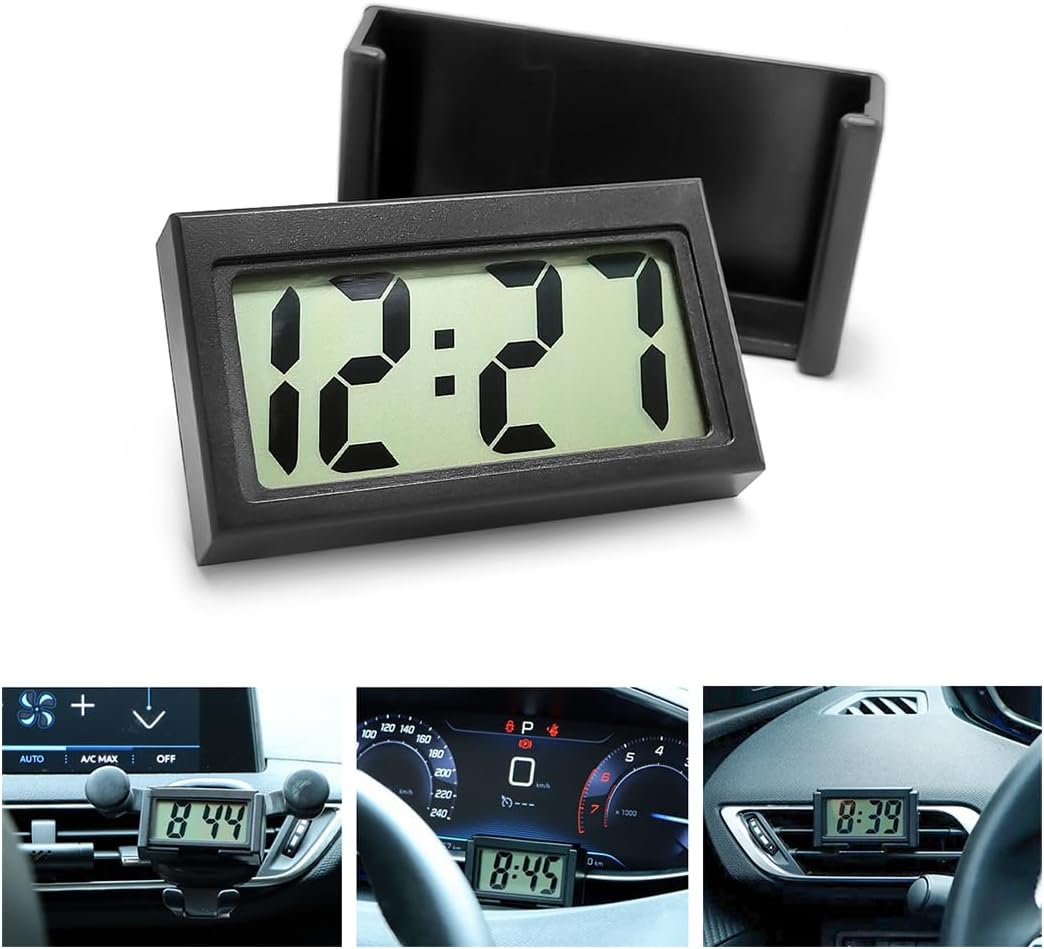 Mini Digital Clock for Car Dashboard, Battery Operated & Clear LCD Screen Time Display, Small Digital Clock with Self-Adhesive Bracket (Black)