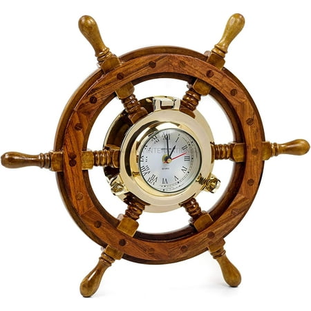 Nagina International Sailor's Premium Home Decor Time's Clock Nautical Brass Porthole Ship's Wheel | Deluxe Office Decor | Wall Decor | Birthday Gift | Christmas (30 Inches)