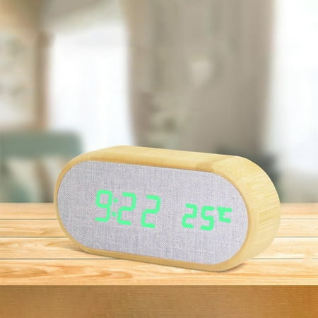 Nhthy Wooden Digital Alarm Clock with 4 Alarms and Sound Control Round LED Electronic Clock for Bedroom Table Decor Dimmer LED Desk Clock with USB or Battery Power Option Modern Design Green