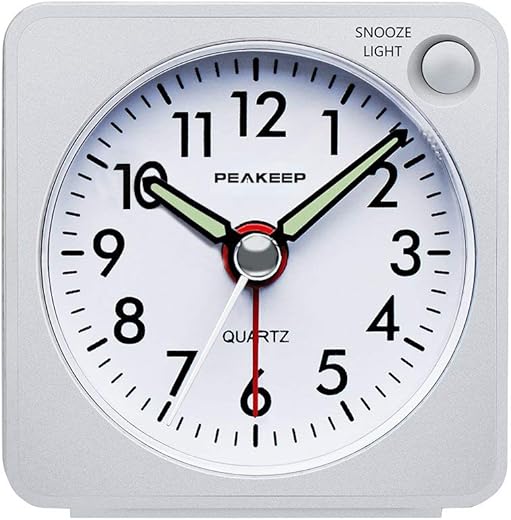 Peakeep Ultra Small, Battery Travel Alarm Clock with Snooze and Light, Silent with No Ticking Analog Quartz (White)