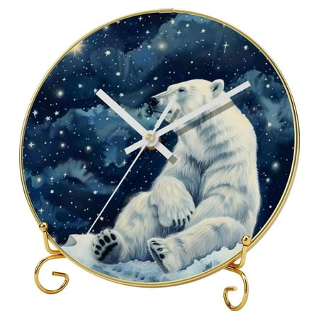 Polar Bear Rustic Round Wall Clocks with Printed Design, Hooks and Gold Stand - Silent Non Ticking for Office, Home, or Dorm Use