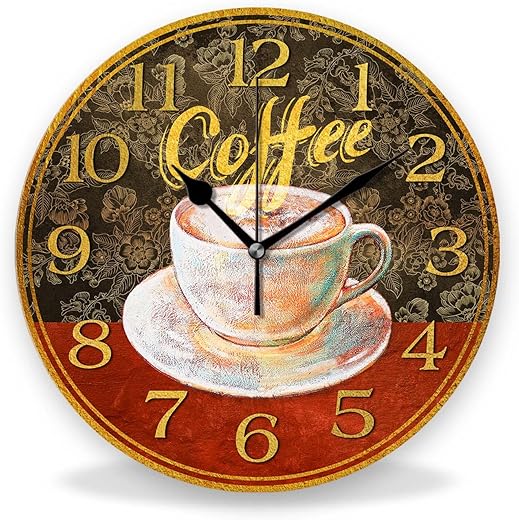 Silent Non-Ticking Wall Clocks, Brown Coffee Wall Clock Cups Vintage Retro, Battery Operated 9.8x9.8 Round Wall Clock for Home Decor Living Room Kitchen Office