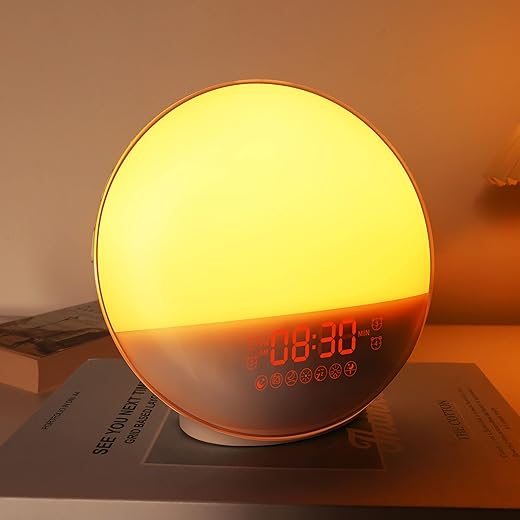 Sunrise Alarm Clock for Heavy Sleepers, Wake Up Light with Sunrise/Sunset Simulation, Dual Alarms & Natural Sounds, Snooze & Sleep Aid, FM Radio, 7 Colors Night Light for Bedroom, Ideal for Gift