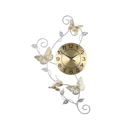 Three Star All Metal Butterfly And Flower White And Gold Wall Clock YC990