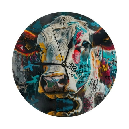 Wall Clock - Colorful Graffiti Cow 9.8 Inch Silent Non Ticking Modern Round Wall Clocks Battery Operated Classic Clock for Bedroom, Living Room, Office, Home, Kitchen, Bathroom