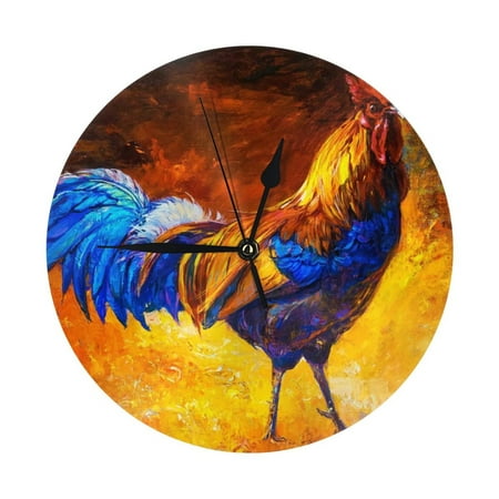 Wall Clock - Colorful Rooster 9.8 Inch Silent Non Ticking Modern Round Wall Clocks Battery Operated Classic Clock for Bedroom, Living Room, Office, Home, Kitchen, Bathroom