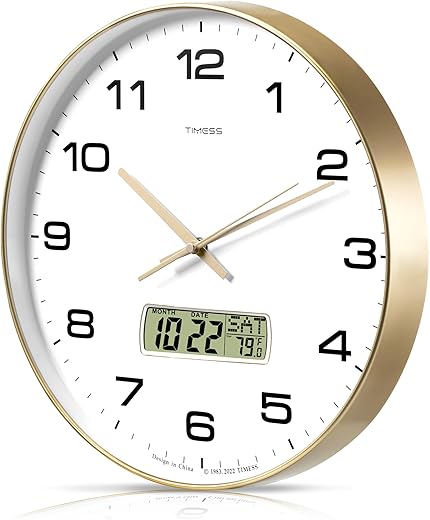 Wall Clock, 14" Large Dial Non-Ticking Silent Battery Operated Analog with LCD Display for Perpetual Calendar and F° Temperature, Ideal Modern Home, Bedroom, Office Decor (Gold)