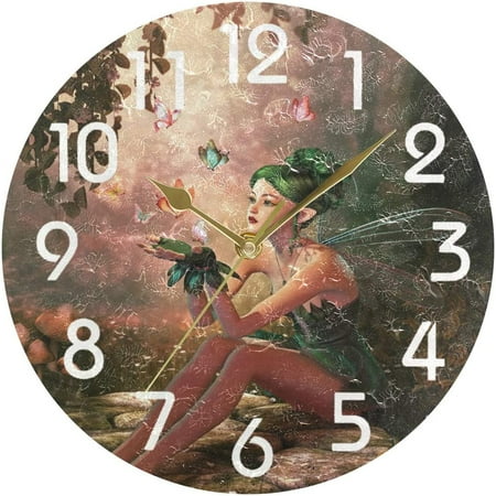 Wellsay Magic Fairy Girl with Wings Butterflies Round Wall Clock, 9.5 Inch Battery Operated Quartz Analog Quiet Desk Clock for Home,Kitchen,Office,School,Cafe