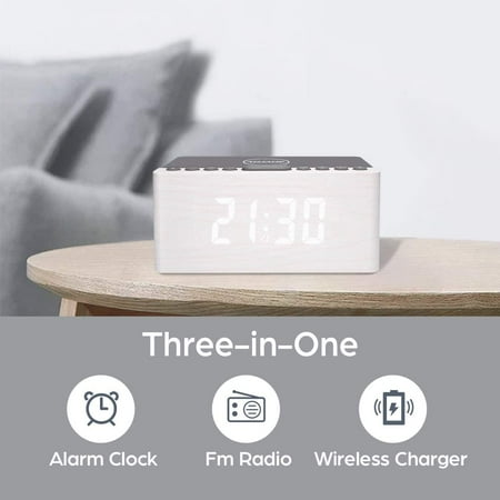 Wooden Digital Alarm Clock Fm Radio,10W Fast Wireless Charger Station For Iphone/Sa[252]