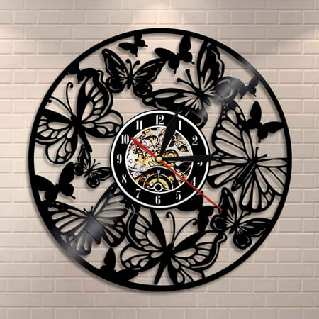 YanGxx Fairy Wings Angel Butterfly Wall Art Home Decor Wall Clock Butterflies Vinyl Record Clock Insect Wild Life Animal Clock